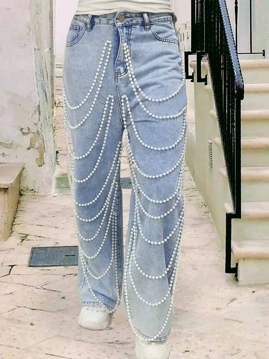 Straight Pants Women Jeans High Waist Beading Washed Distressed Vintage Mom Pockets Button 2025 Streetwear Y2k Denim Trousers Aviola