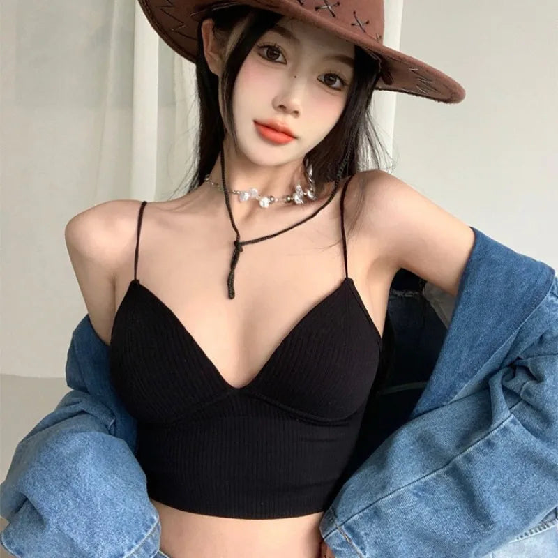 Women Tank Top With Built In Bras Fixed Cup Anti Glare Streetwear Crop Tops Female Seamless Underwear Padded Camisole Summer Aviola