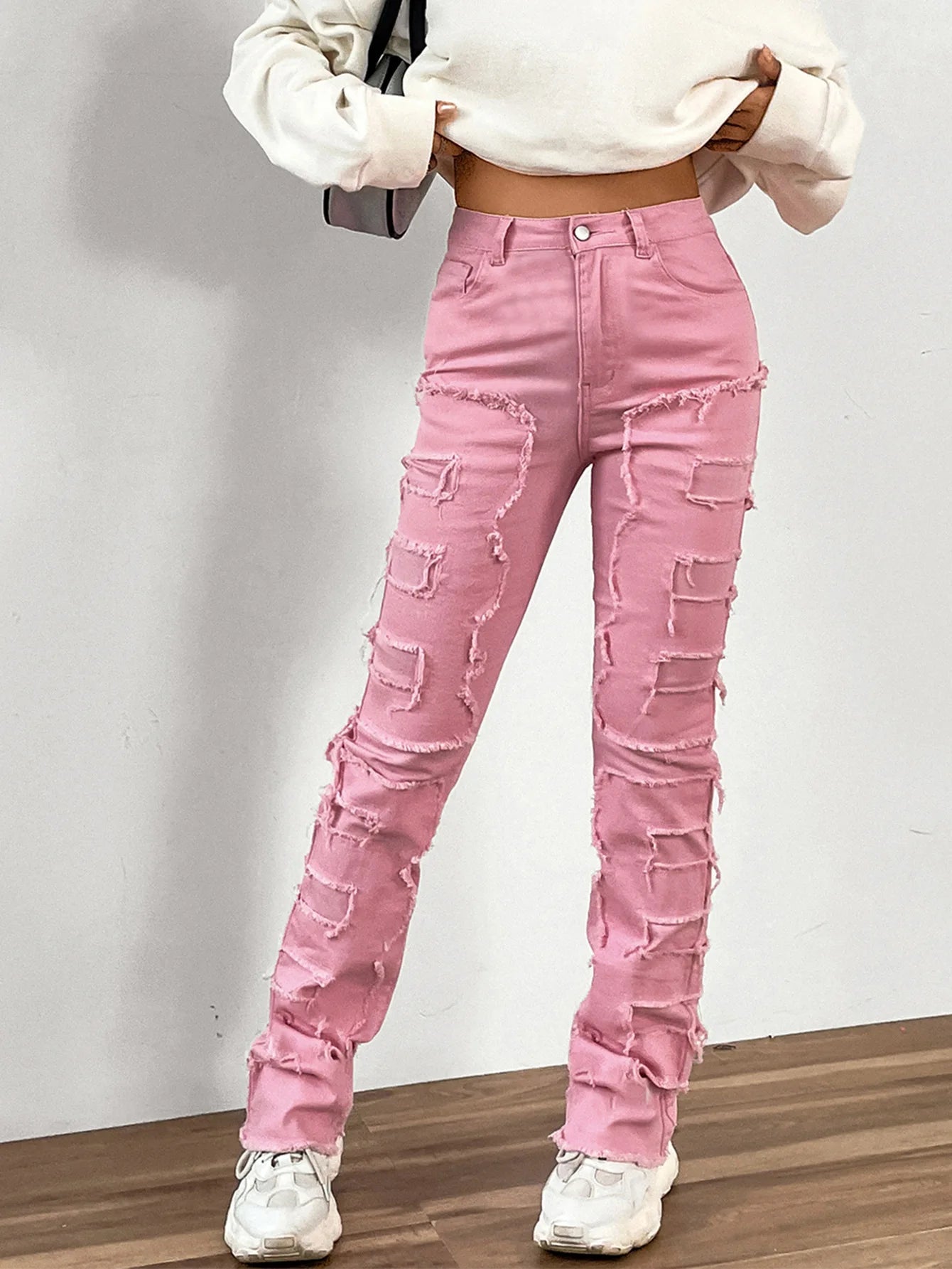 Women Jeans Denim Straight Pants Spliced Patchwork High Street Slim Fit Pockets Mid Waist Washing Zipper Slight Srech 2024 Aviola