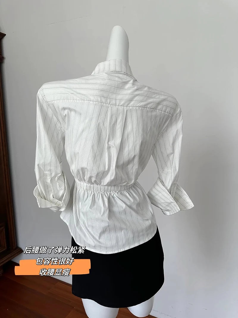 MEXZT Elegant Striped Shirts Women Vintage Irregular Long Sleeve Blouses Office Ladies Korean Chic Buttons Slim Design Tops New Aviola