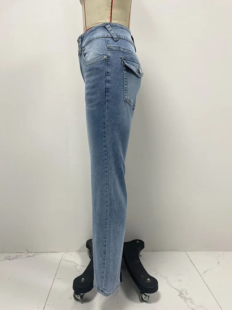 Jeans Denim Pant Women Long Pants Bodycon Button Pocket Splice Straight Trousers Solid Y2k Blue Mom Mid Waist Slim Streetwear Aviola