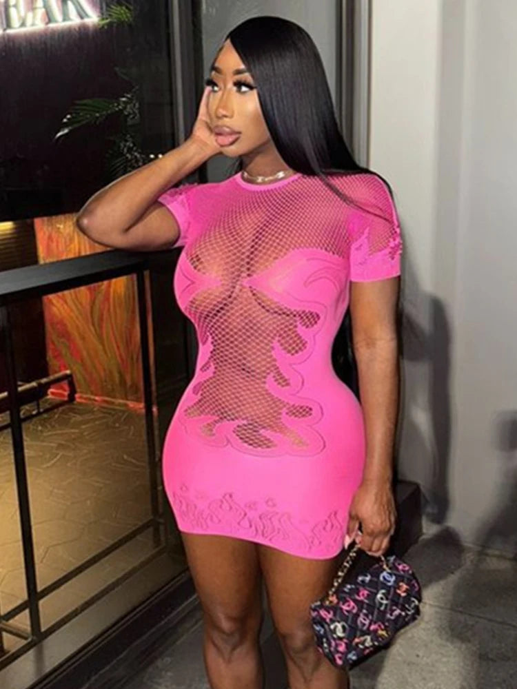Nibber Hottie Sexy See Through Dress Women Flame Patchwork Print o-Neck Short Sleeve Skinny Peach Hip Street Hipster Outfits Aviola