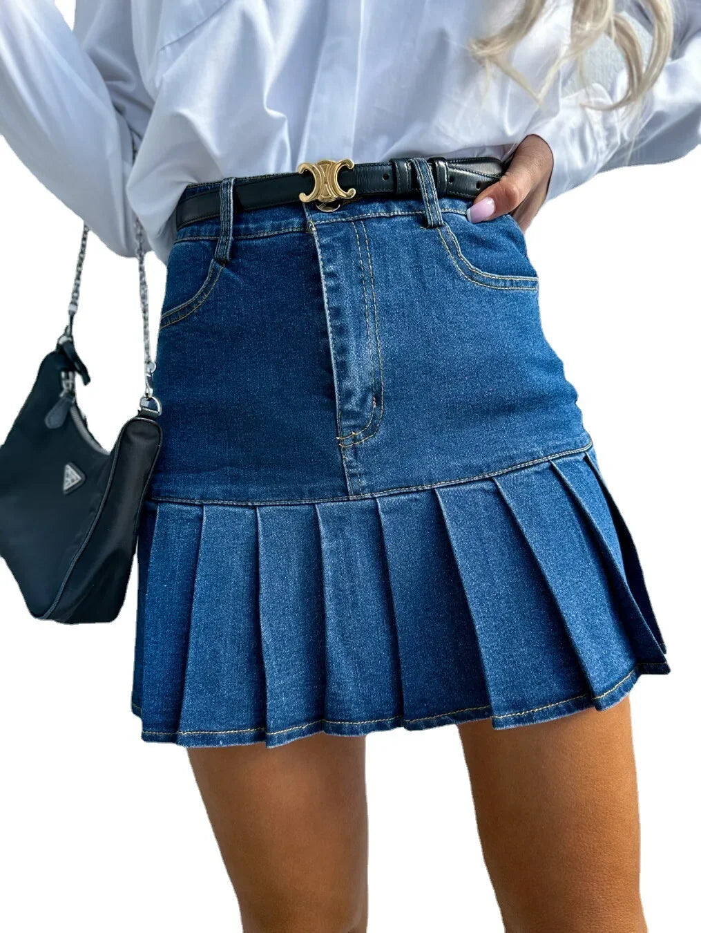 Pleated Skirt Women Vintage Denim Mini Skirts Washed Distressed Stretch High Waist Above Knee Spring Summer Y2k Jeans Streetwear Aviola