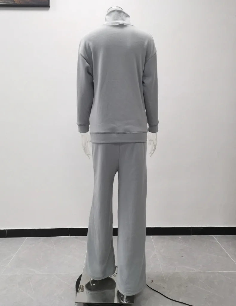Women Tracksuit Two Pieces Set Long Sleeve Turtleneck Pullover Solid Color Hoodies Wide Leg Pants Drawstring Autumn Casual 2023 Aviola