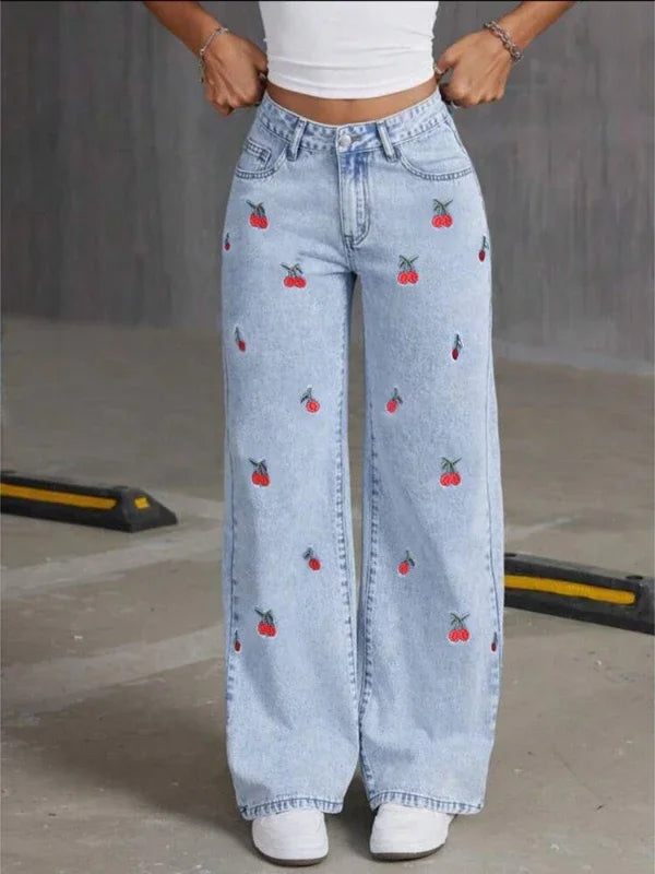 Denim Wide Leg Pants Women Jeans Embroidery High Waist Distressed Washed Mom Pockets Vintage Floor Length Trousers Streetwear Aviola