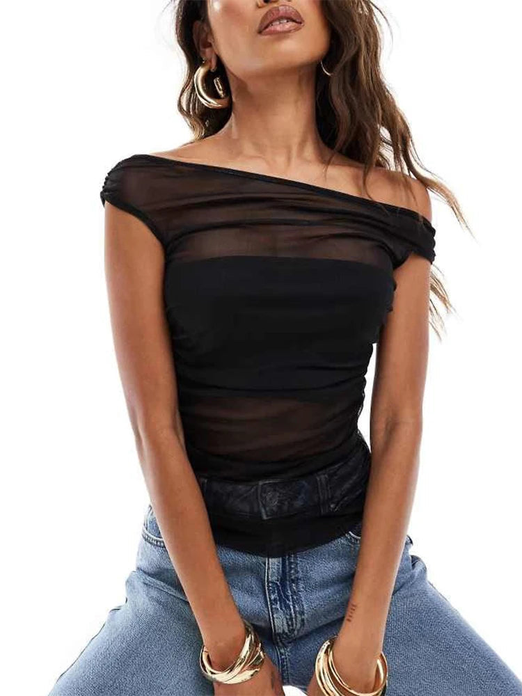Nibber Tank Tops Women Biased Collar Patchwork Mesh Double Deck Sexy 2025 Solid Summer Midnight Coquettish Party Clubwear Vest Aviola