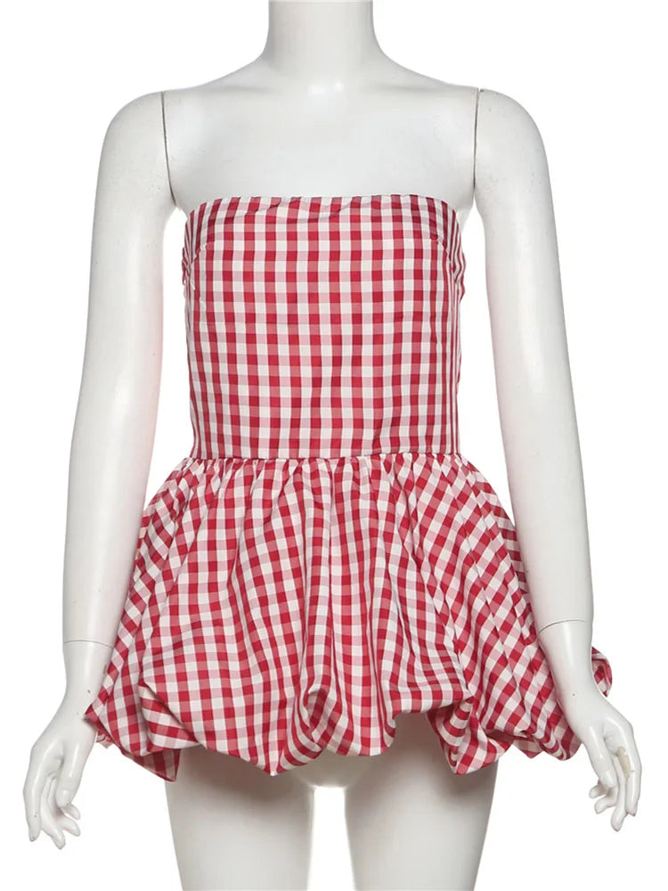 Nibber Red And White Checkered Print Chest Wrap Pleated Fluffy Hem Sleeveless Backless Vacation Versatile Beach Party Trend Tops Aviola