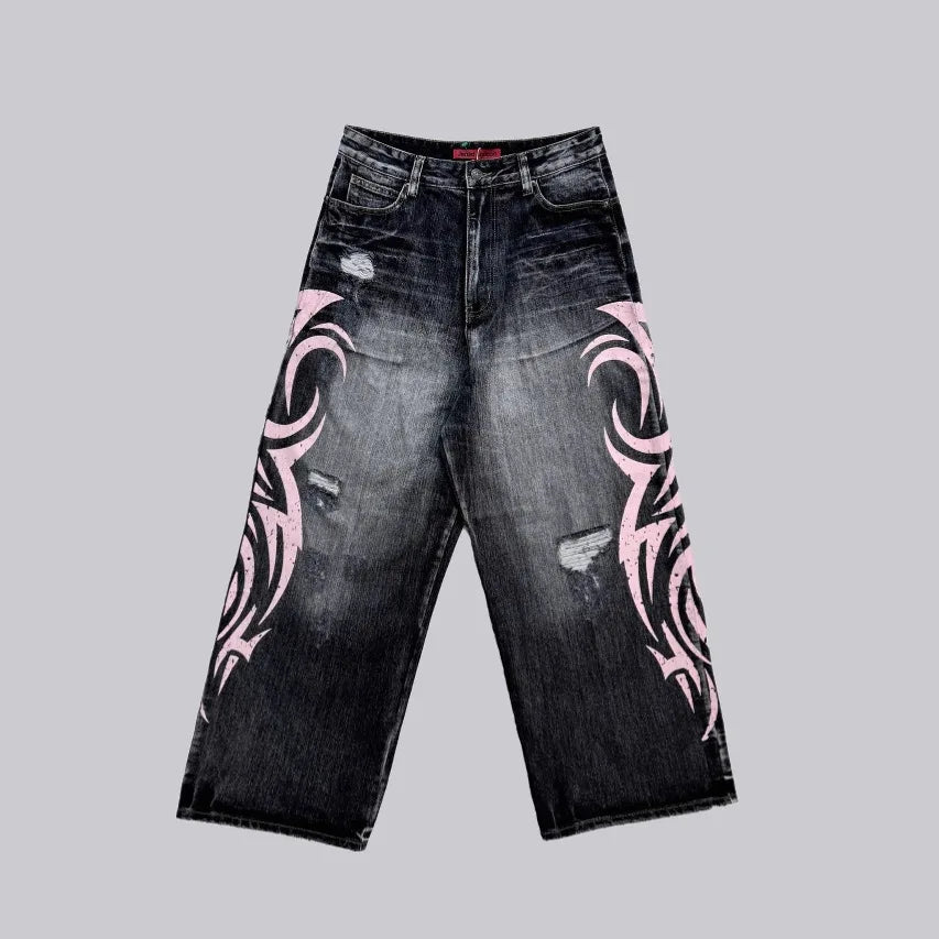 Denim Pant Women Jeans Wide Leg Long Pants Hole High Waist Straight Trousers Y2k Streetwear Print Mom Jeans Casual Loose 2025 Aviola