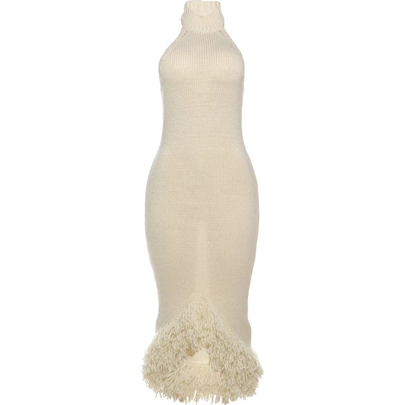 Nibber Knit See Through Women Dress Irregular Backless Sleeveless Halter Sexy Tassel Hem Clubwear Stretch Hipster Party Vestidos Aviola