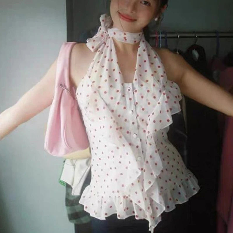 MEXZT Vintage Polka Dots Shirts Women Sexy Cropped Halter Sleeveless Chiffon Blouses Summer Korean Ruffles Print Design Tops New Aviola