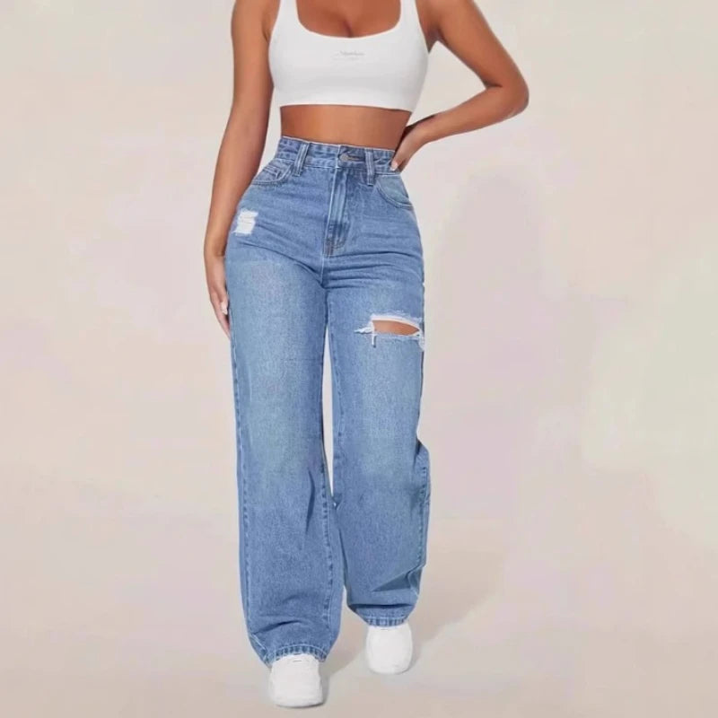Mom Jeans Women Denim Pant Wide Leg Long Pants Hole High Waist Straight Trousers Y2k Streetwear Work Splice Casual 2025 Punk Aviola