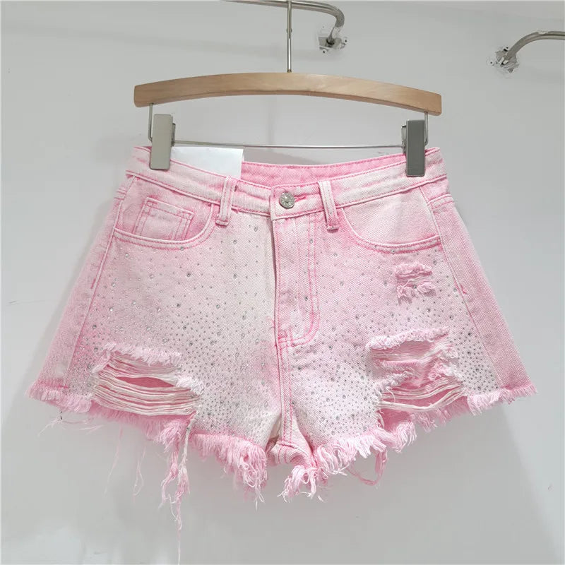 Shorts Denim Pant Women Jeans Short Pants Hot Drilling High Waist Straight Trousers Y2k Streetwear Splice Slim Fit Summer Party Aviola