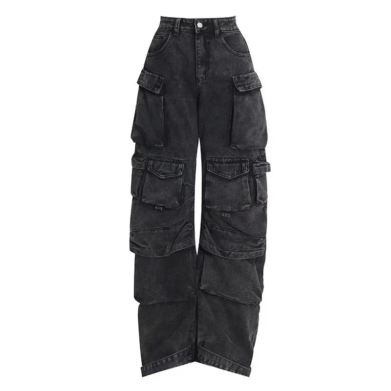 Women Jeans Denim Cargo Pants Long Pant Wide Leg High Waist Button Pockets Streetwear Y2k Mom Straight Trousers Casual Loose Aviola