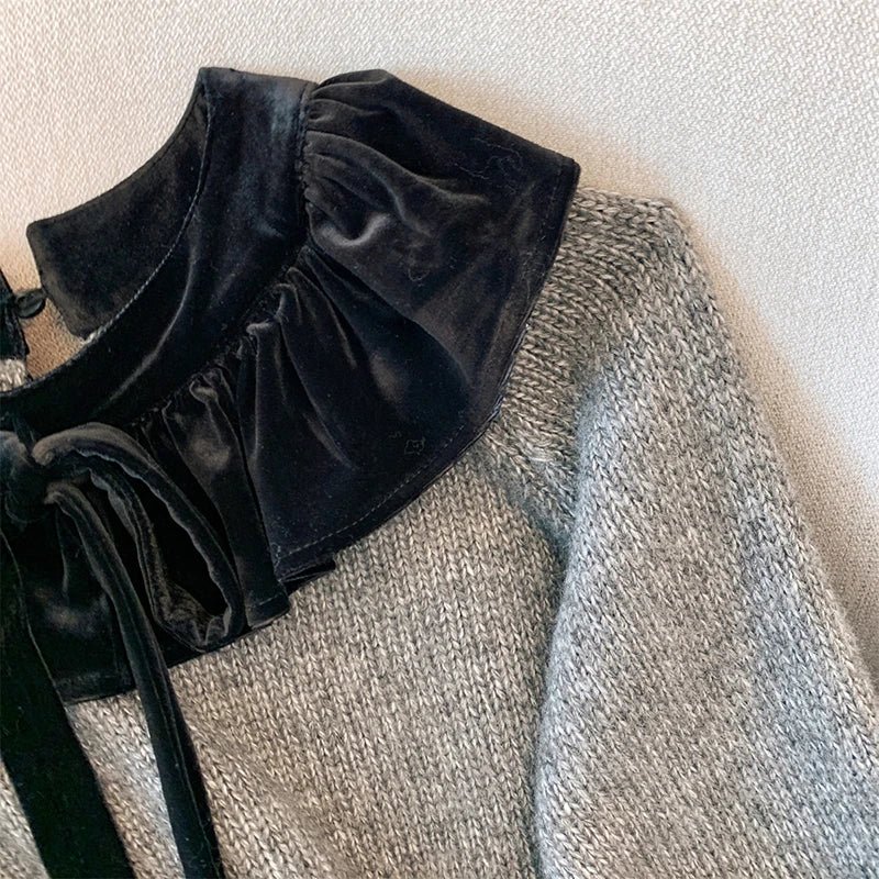 MEXZT Vintage Bow Sweater Women Streetwear Velvet Patchwork Knitted Pullovers Long Sleeve Knitwears Winter Korean Casual Jumpers Aviola