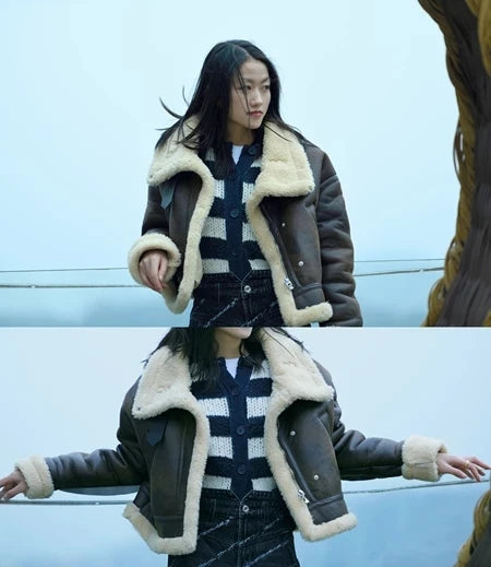 RARF 2025 New Autumn Winter Women Faux Lamb Fur Short Jacket Vintage Female Moto Biker Zipper Thick Warm Coat Fleece Outwear Aviola