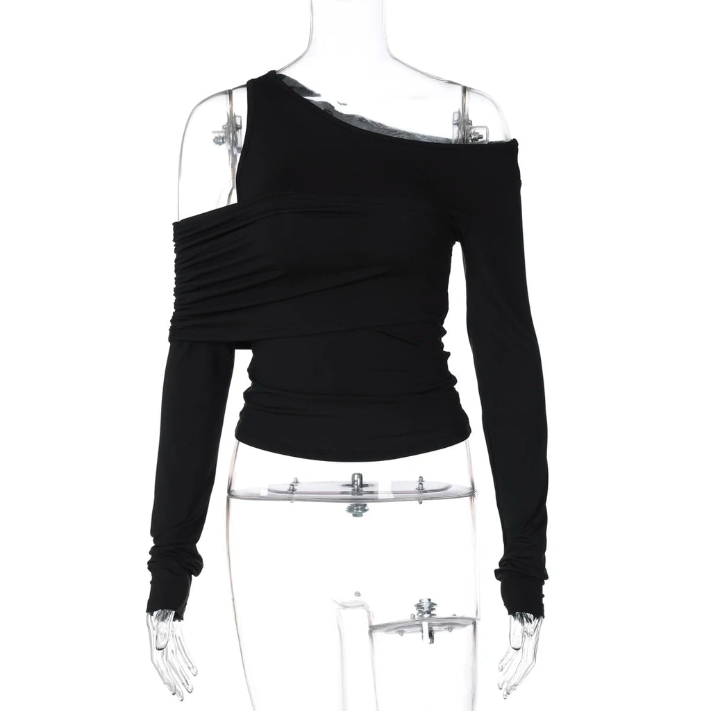 Nibber Elegant Woman Top Autumn Irregular Off Shoulder Stretch Street Fashion Blouse Simple Stylish Versatile Daily t-Shirt Aviola