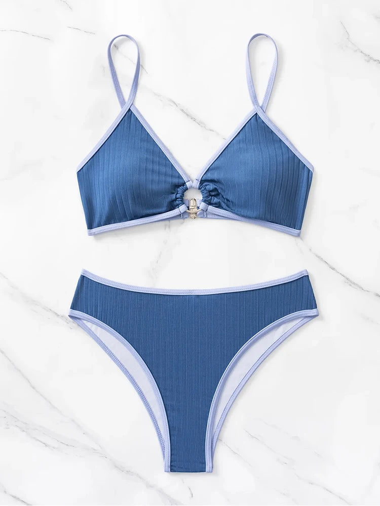 Sexy Solid Bikini 2024 Women Ring Linked Swimsuit Female Low Waist Swimwear Women Beach Micro Thong Bikini Set Bathing Suit Aviola