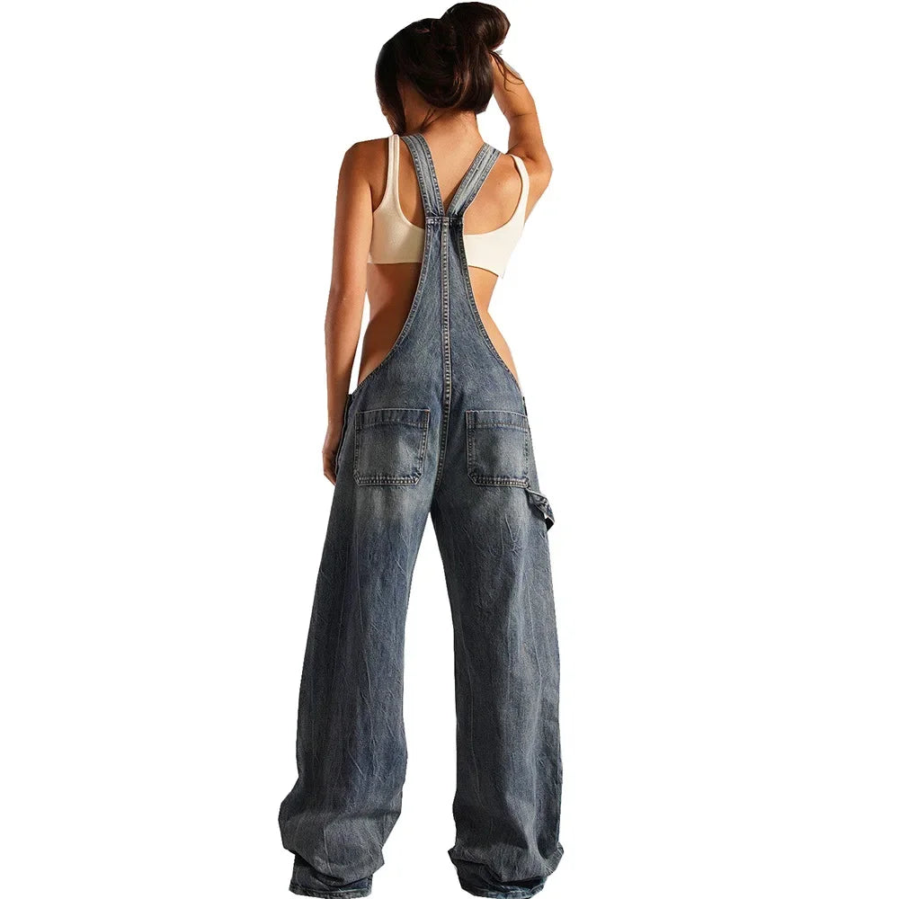 Jumpsuits Women Jeans Overalls Sexy Backless Vintage Full Length Denim Straight Pants Loose Pockets Distressed Washed Casual Aviola