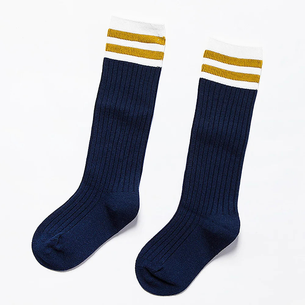 6 Pairs Students Stockings Stripe Pattern Children Sports Socks Solid Color Breathable Knee Stockings for 7-9 Years Old Aviola