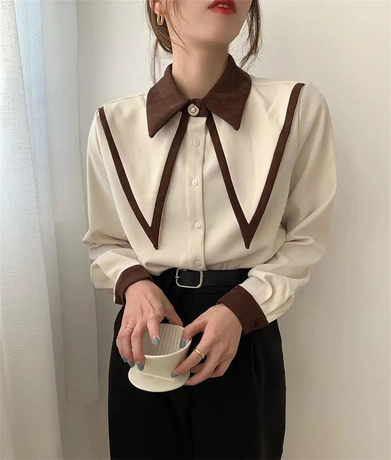 MEXZT Vintage Elegant Shirts Women Chiffon Patchwork Ruffle Turn Down Collar Long Sleeve Blouse Korean Office Lady Loose Tops Aviola