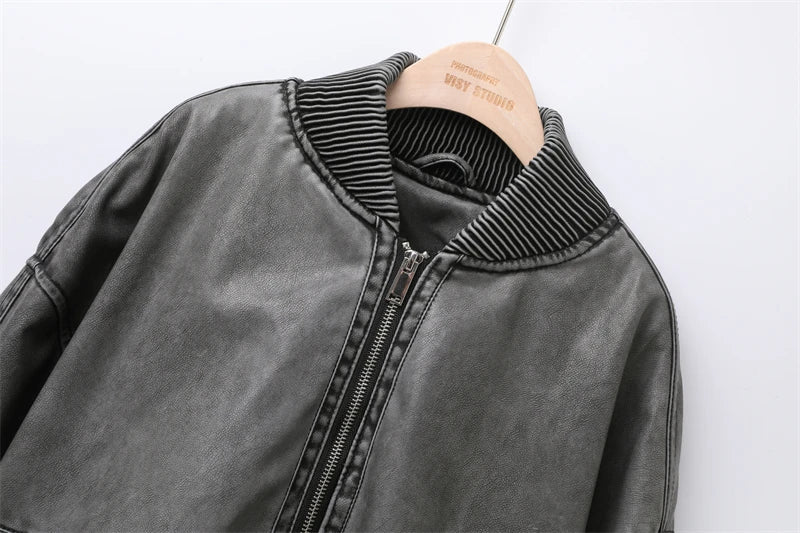 RARF 2024 Women's Wash gray new do old wash Effect Bomber Jacket Thread stand collar long sleeve PU women's coat top Aviola