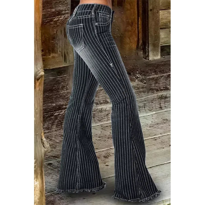 Stripe Jeans Women Mid Waist Flare Pants Ladies Trousers Female Casual Slim 2025 Summer Button High Strecth Elegant Office Lady Aviola