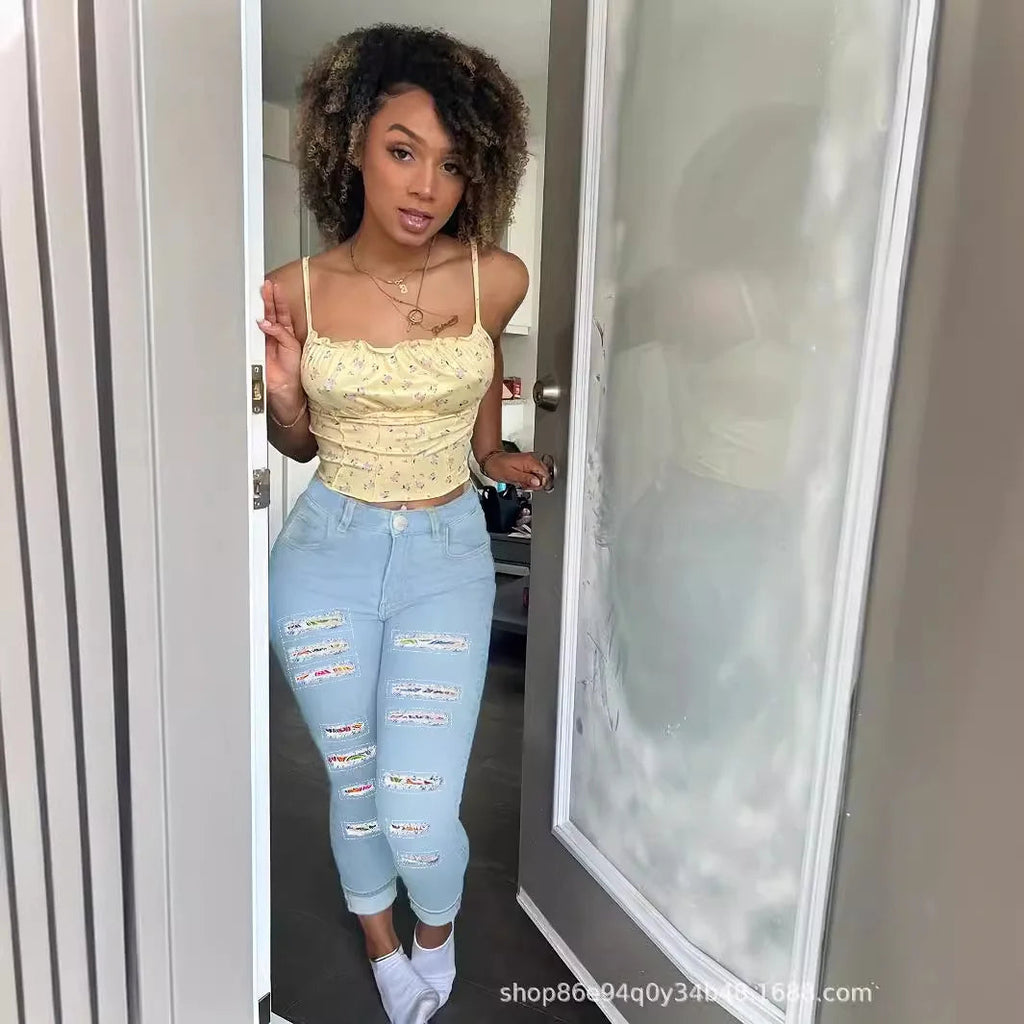 Bodycon Pencil Jeans Women Holes Splice High Waist Trousers Row Denim Pants Big Size Skinny Ankle Lenth 2025 Spring Mom Jeans Aviola