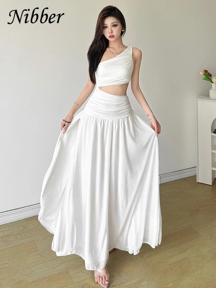 Nibber Elegant Maxi Dress Women Summer Off-shoulder Sleeveless Cut Out Beach Long Indie Folk Temperament For Vacation Vestidos Aviola