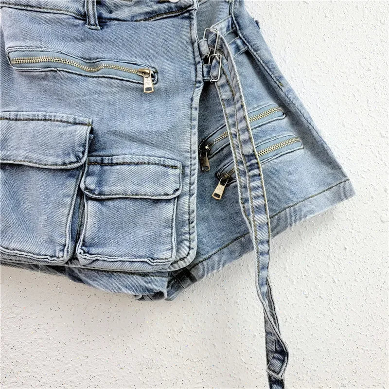 Denim Skirt Women Jeans Culottes Cargo Shorts Irregular Washed High Waist Multiple Y2k Punk Streetwear Short Pants Summer 2025 Aviola