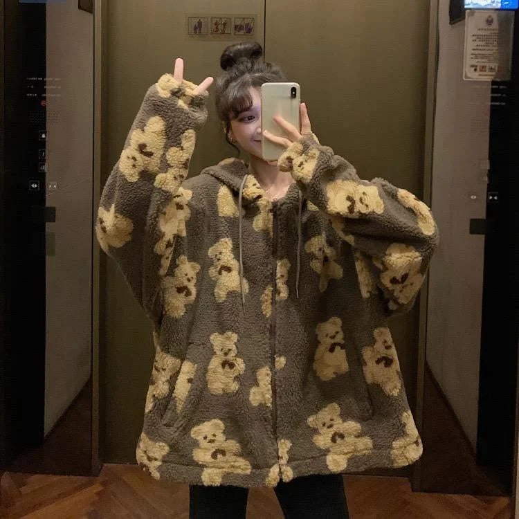 Y2K imitation lamb plush women's cotton jacket, little bear couple loose and lazy style, winter thick hooded jacket Aviola