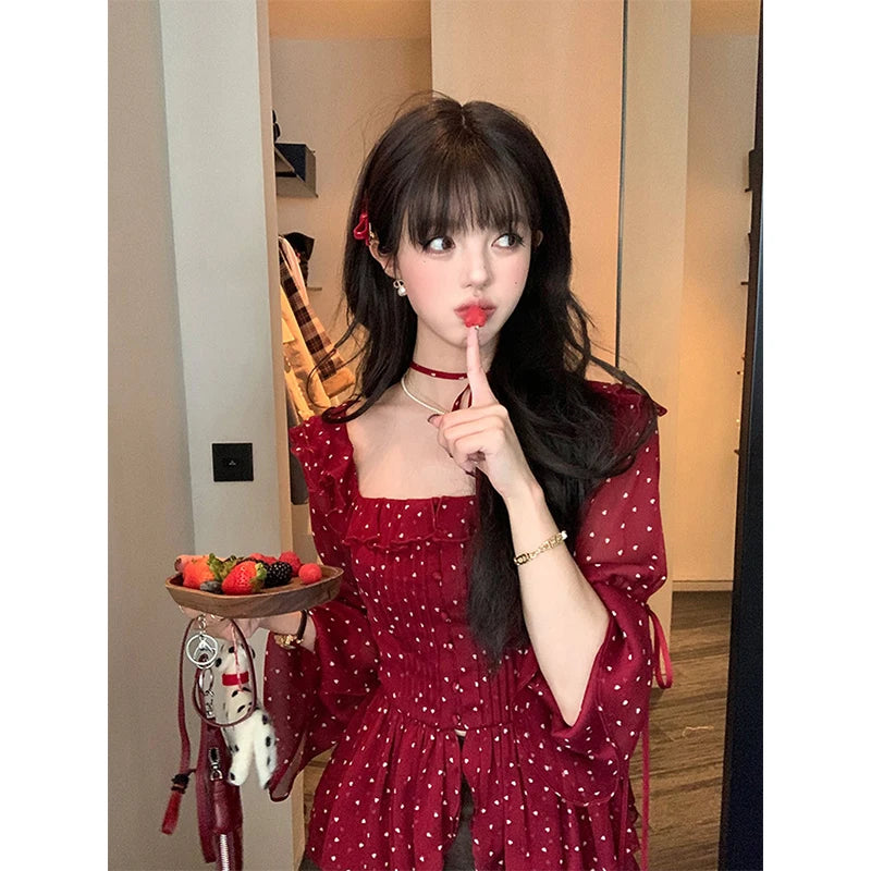 MEXZT Vintage Polka Dots Shirts Women Elegant Red Ruffles Lace Up Blouses Summer Korean Square Collar Long Sleeve Design Tops Aviola