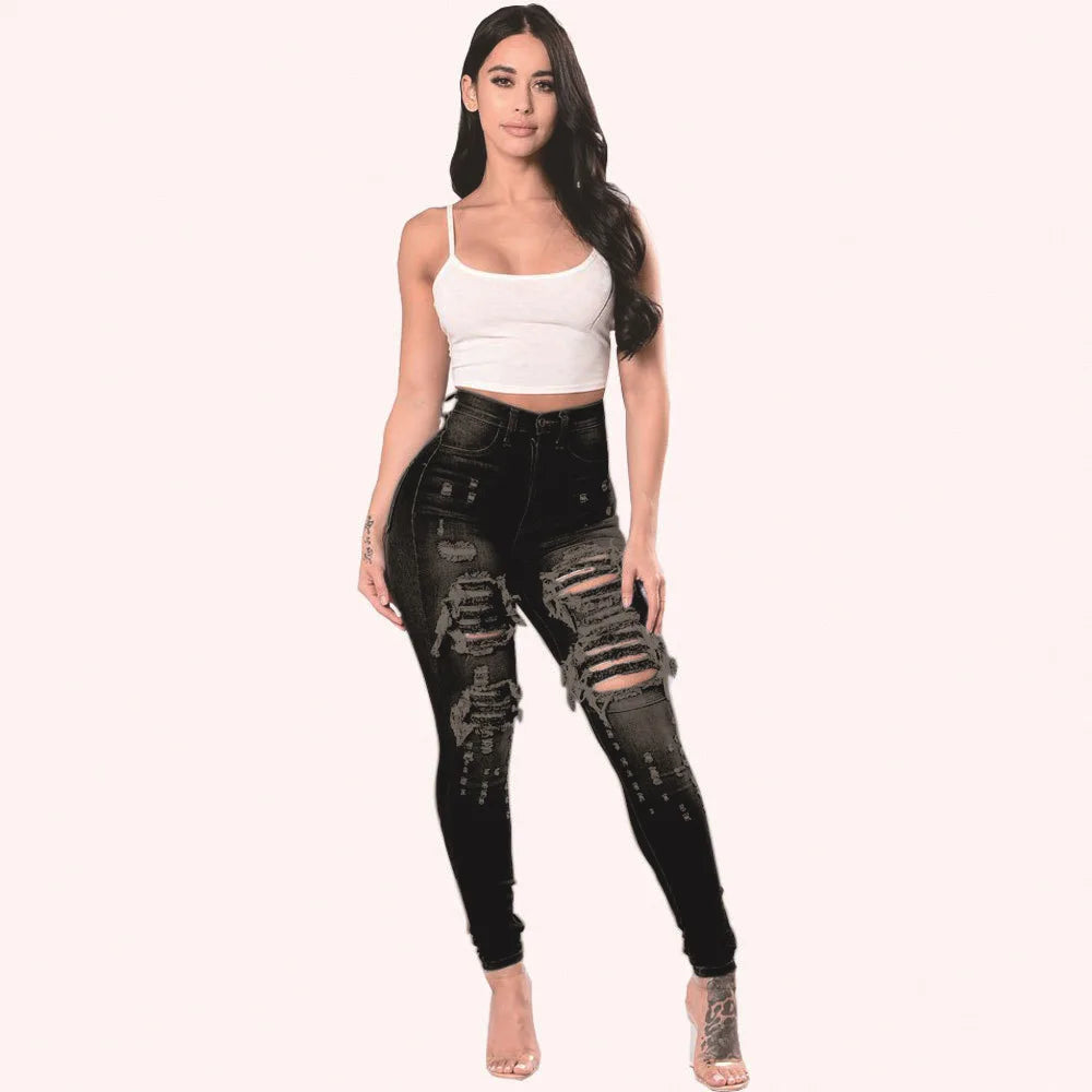 Jeans Women Hole Denim Pencil Pants Ripped Skinny Ankle Length Trousers Stretch High Waist Distressed Washed 2025 Streetwear Aviola
