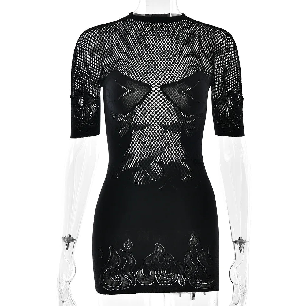 Nibber Hottie Sexy See Through Dress Women Flame Patchwork Print o-Neck Short Sleeve Skinny Peach Hip Street Hipster Outfits Aviola