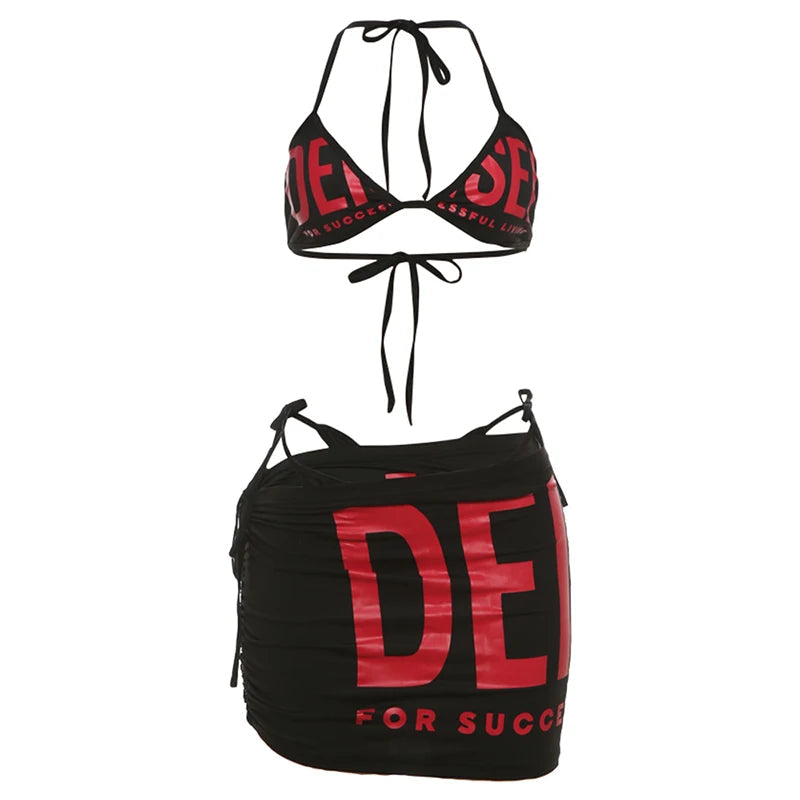 Nibber Letter Print Woman 3 Piece Set Bandage Bra+Mini Bottoms+Mini Skirt Beach Party Fashion Sexy Style Hottie Matching Suit Aviola