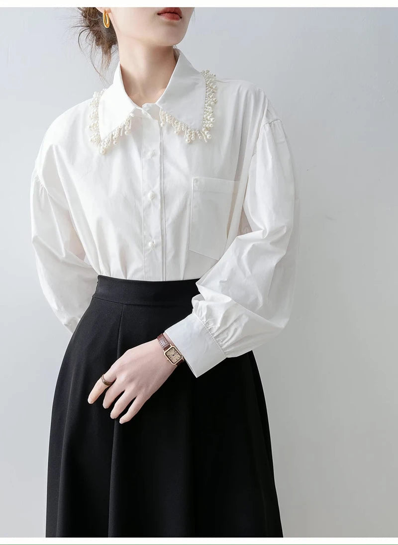 MEXZT Elegant White Shirts Women Fashion Beading Patchwork Blouses Office Ladies Korean Long Sleeve Pocket Design Casual Tops Aviola
