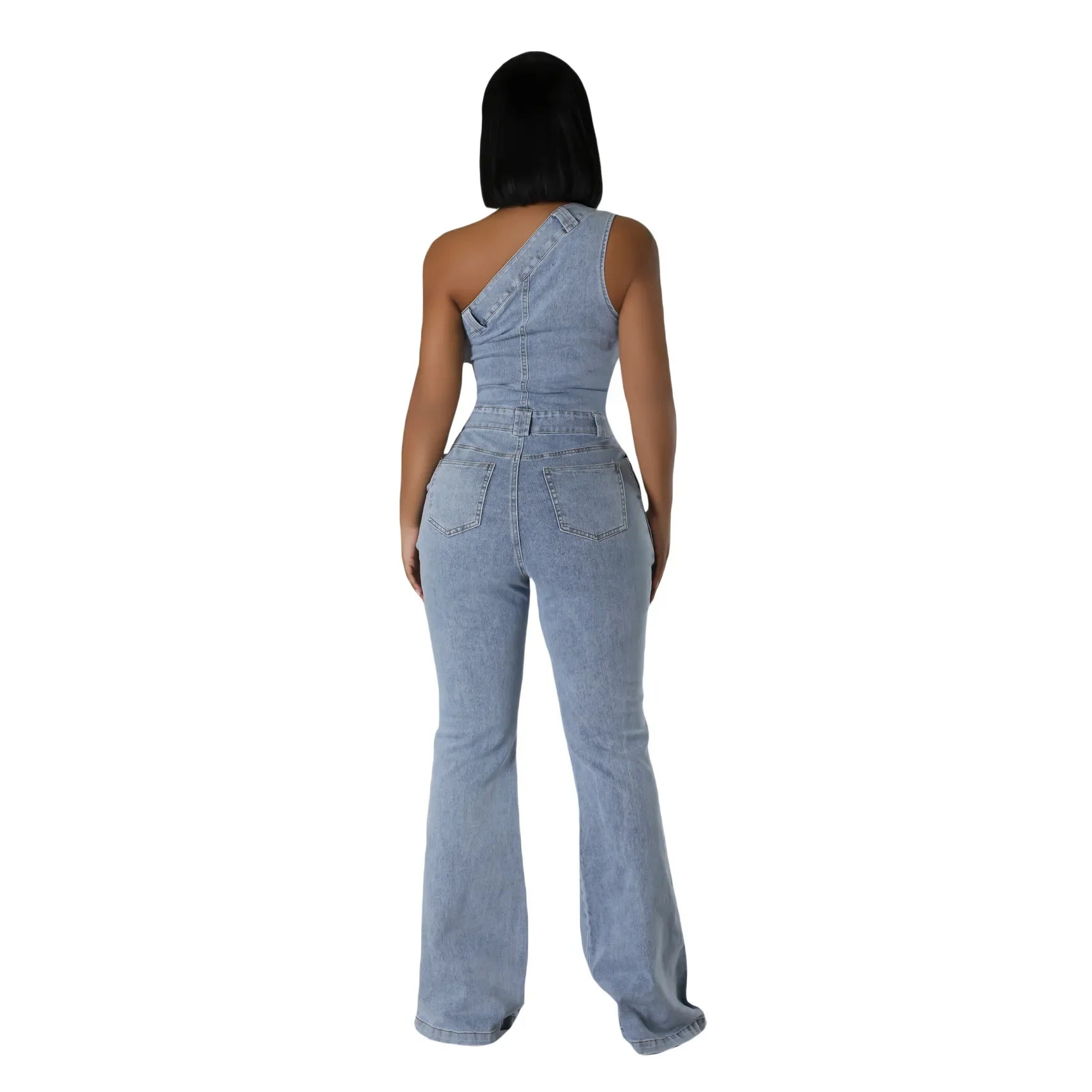 Flare Denim Pants Full Length Women Jeans One Piece Overalls Spliced Solid Jumpsuits Loose Pockets High Waist Basics Washed Aviola