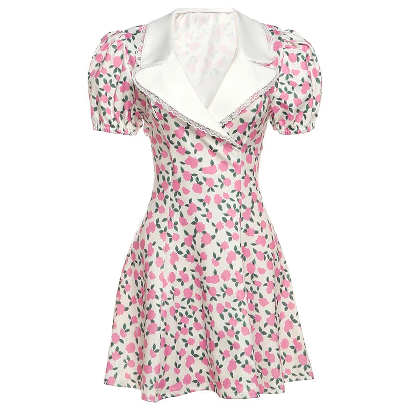 Nibber Low-Neck Dress Women Floral Print Patchwork Lace Draps Puff Sleeves Elegant Temperament Sweet Summer Trend Party Bodycon Aviola