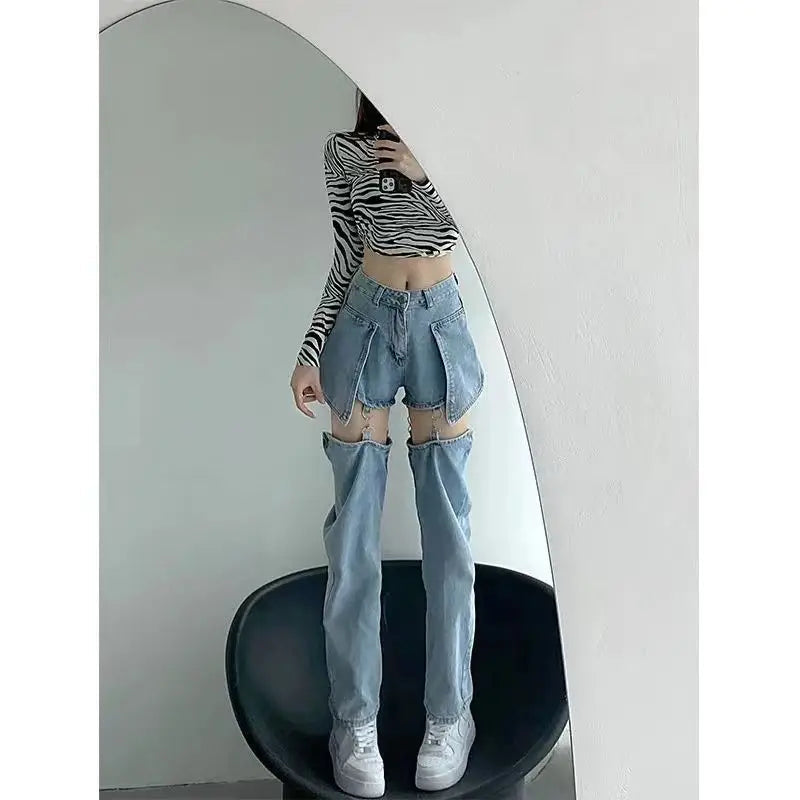 Denim Pant Women Jeans Wide Leg Long Pants Hole Two Fakes High Waist Straight Trousers Y2k Streetwear Elegant Work Summer Aviola