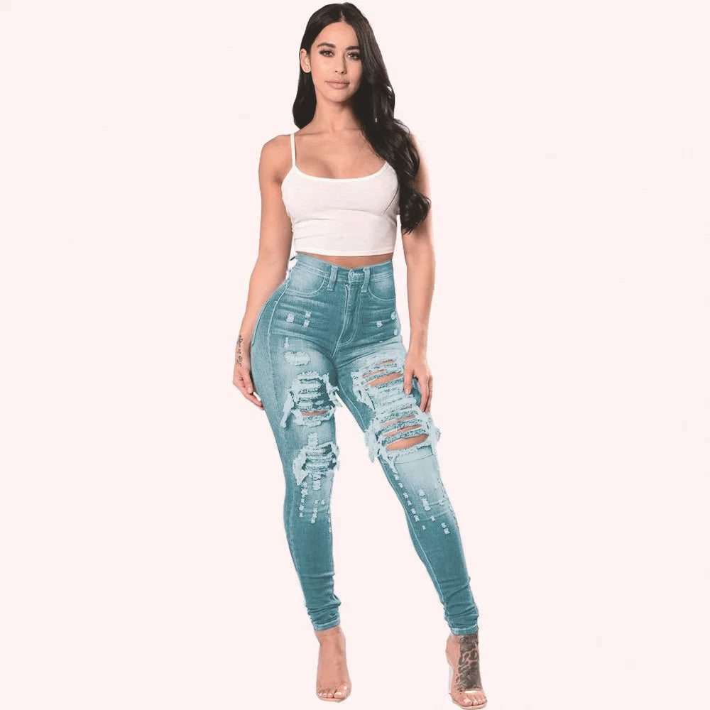 Jeans Women Hole Denim Pencil Pants Ripped Skinny Ankle Length Trousers Stretch High Waist Distressed Washed 2025 Streetwear Aviola