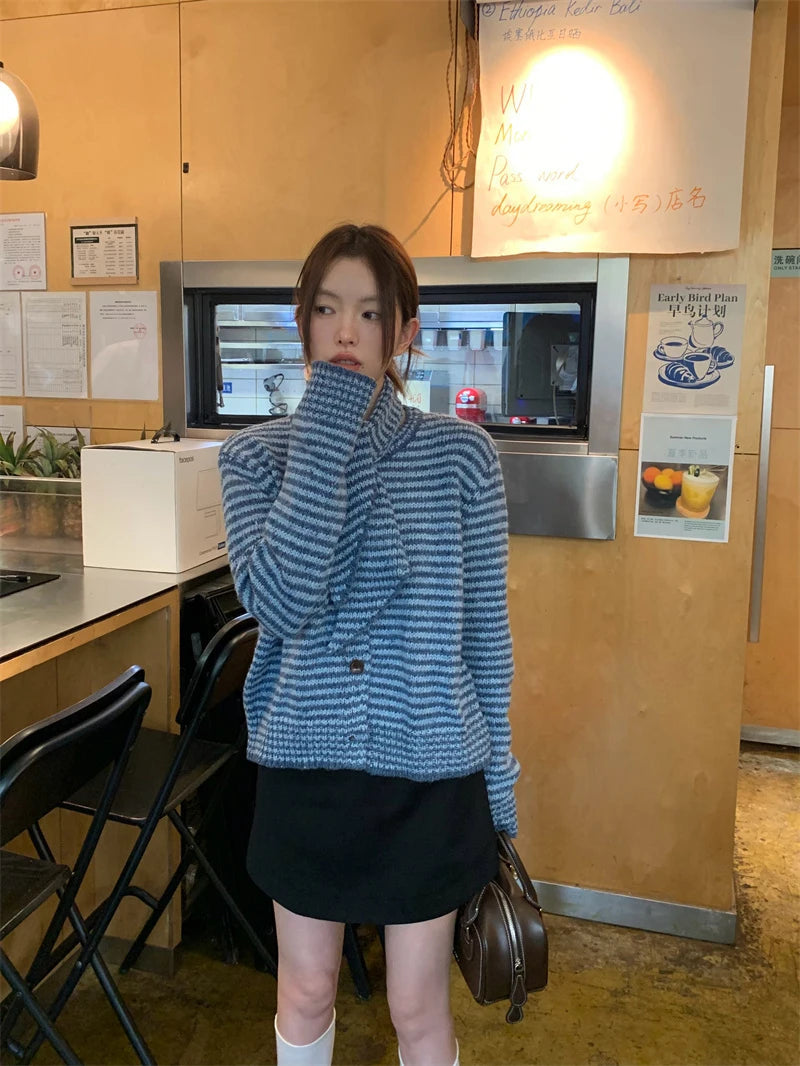 MEXZT Vintage Striped Knitted Cardigan Women Elegant Scarf Sweater Outerwears Korean Long Sleeve Knitwears Winter Casual Jumpers Aviola
