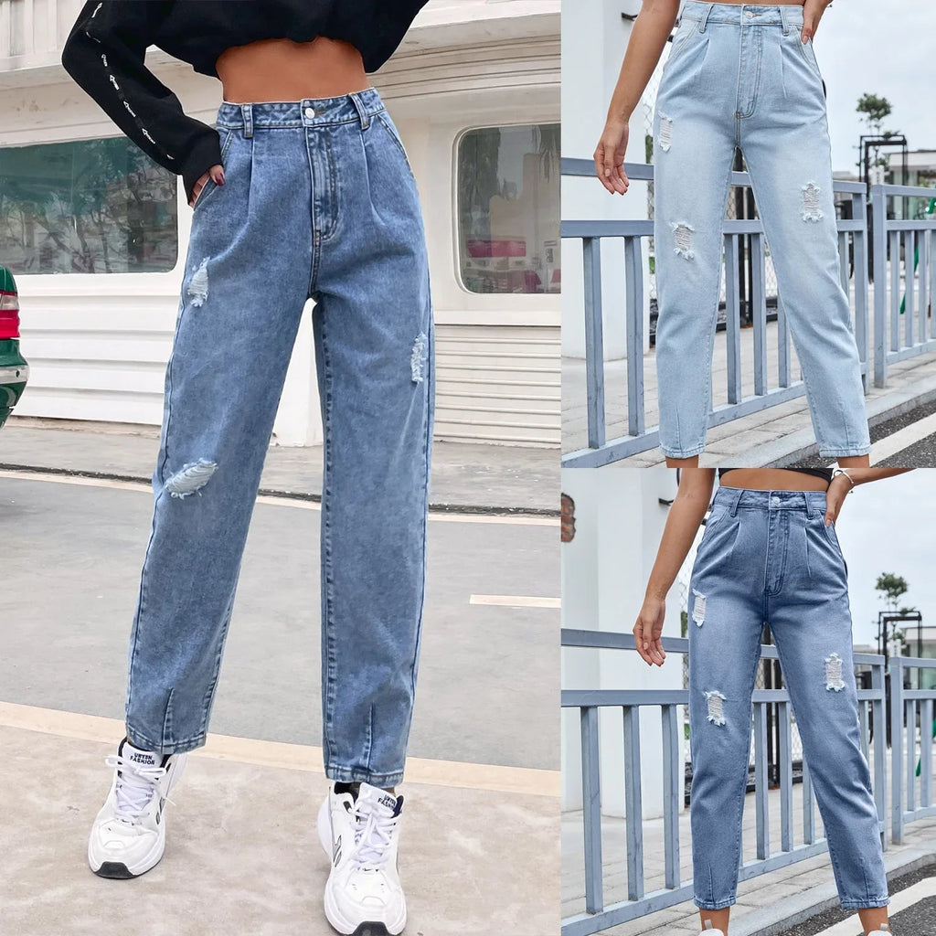 Distressed Women Jean Straight Pants High Waist Ankle Length Jeans Ripped Loose Fit Basics Washed Denim Pants Hole Autumn Aviola