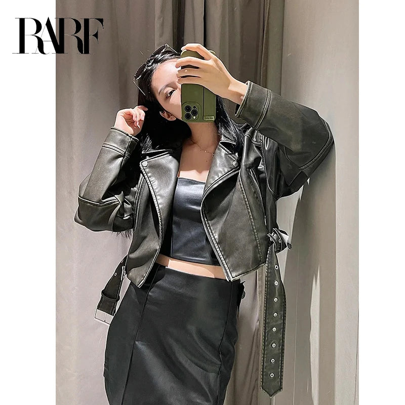 Chaqueta de cuero lavado con cinturón para mujer, abrigo corto con cremallera degradada y cuello vuelto Vintage, chaqueta elegan Aviola