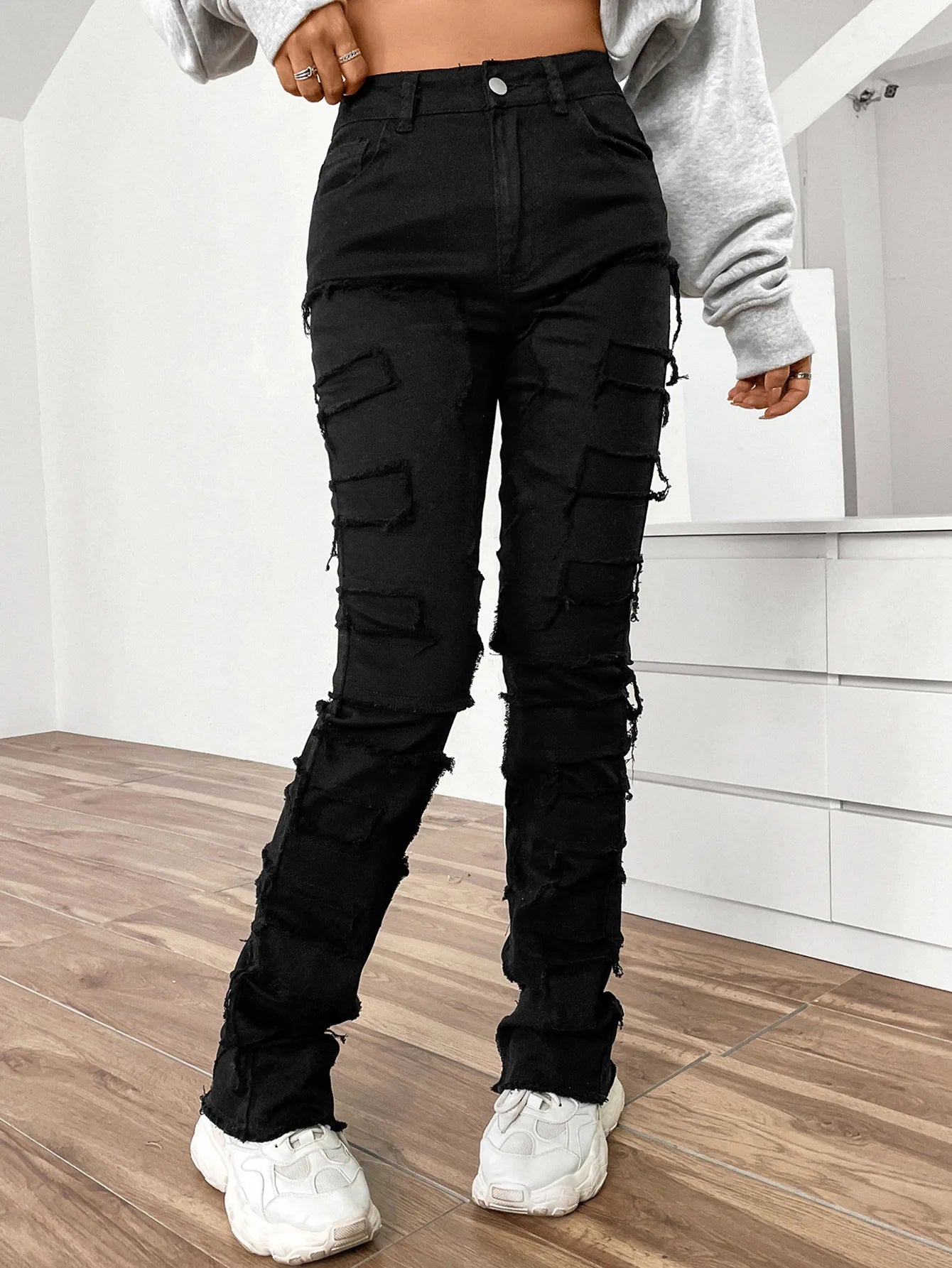 Women Jeans Denim Straight Pants Spliced Patchwork High Street Slim Fit Pockets Mid Waist Washing Zipper Slight Srech 2024 Aviola