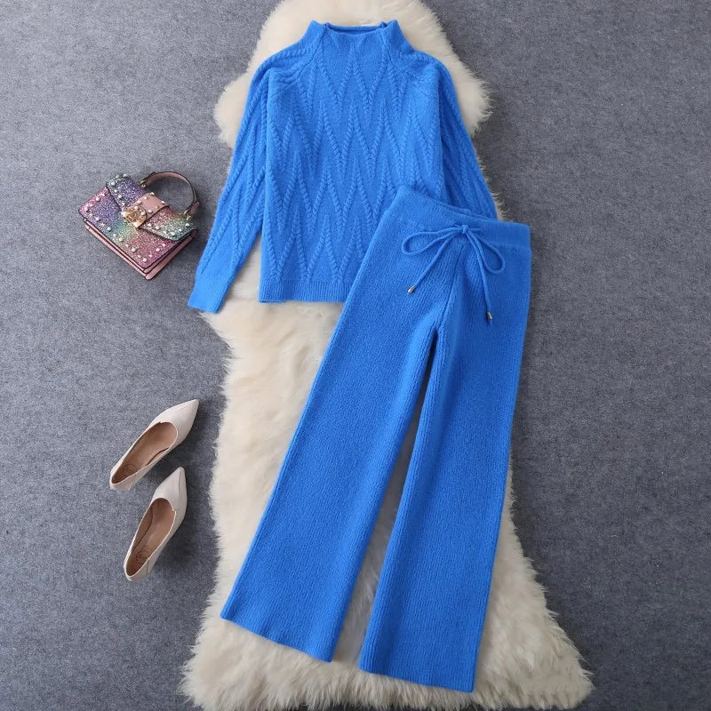 Women Tracksuit Thick Sweater Autumn Winter Knitted Two Piece Set Top+Knitted wide leg Pant Warm Sweater Elastic Trousers Suits Aviola