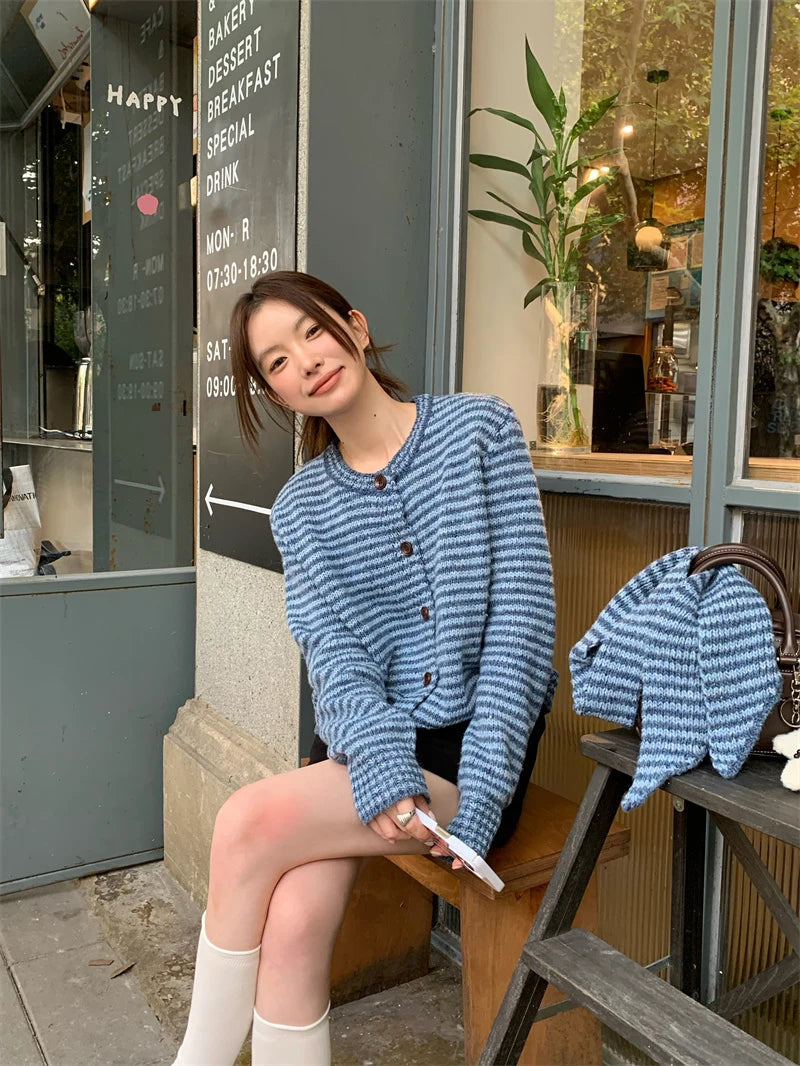 MEXZT Vintage Striped Knitted Cardigan Women Elegant Scarf Sweater Outerwears Korean Long Sleeve Knitwears Winter Casual Jumpers Aviola