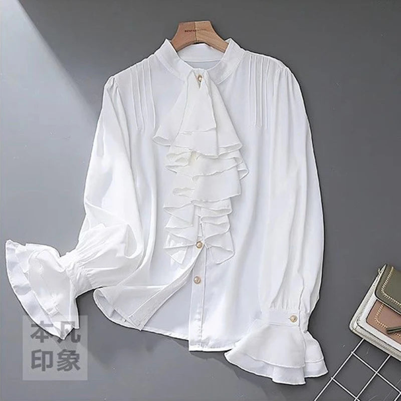 MEXZT Vintage White Shirts Women Elegant Ruffles Flare Long Sleeve Blouses Office Ladies Korean Single Breasted Design Chic Tops Aviola