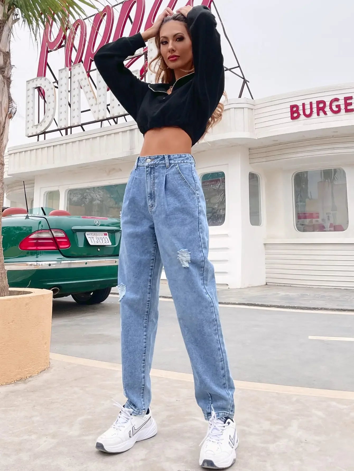 Distressed Women Jean Straight Pants High Waist Ankle Length Jeans Ripped Loose Fit Basics Washed Denim Pants Hole Autumn Aviola