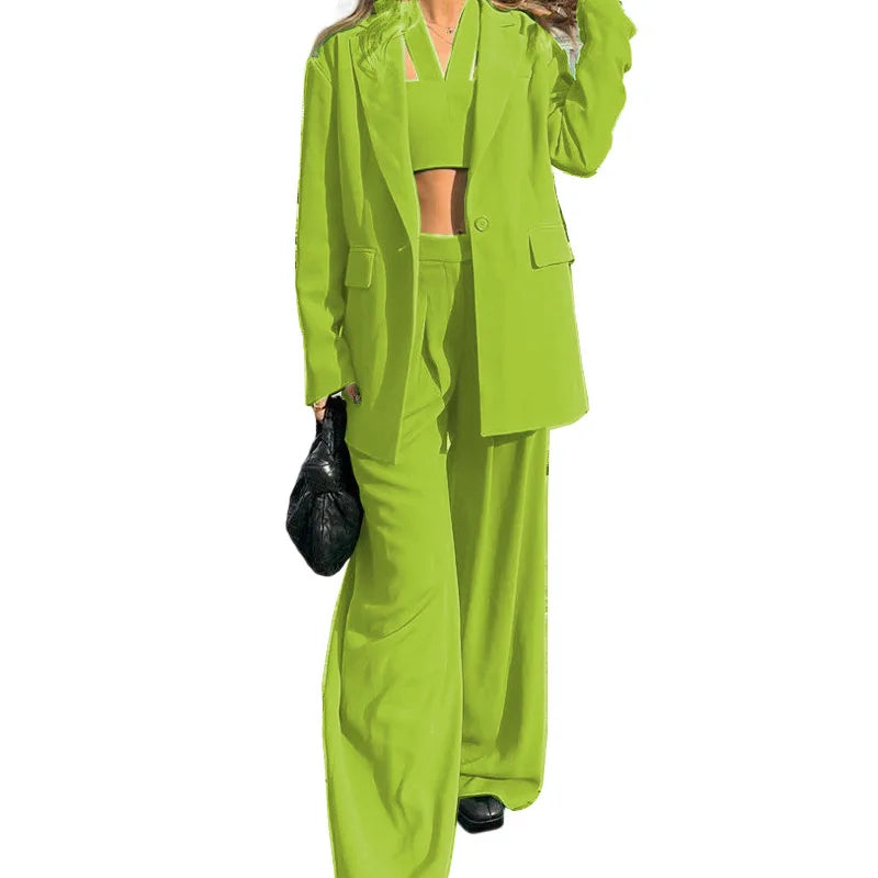 Women Tracksuit Three Pieces Set Turn Down Collar Cardigan Single Button Solid Outerwear Pockets Wide Leg Pants Office Lady Aviola
