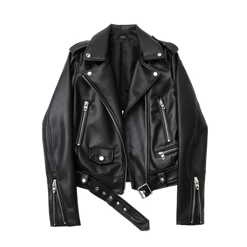 RARF Spring and Autumn 2025 New faux leather PU jacket with belt women's lapel motorcycle jacket black zip biker jacket Aviola