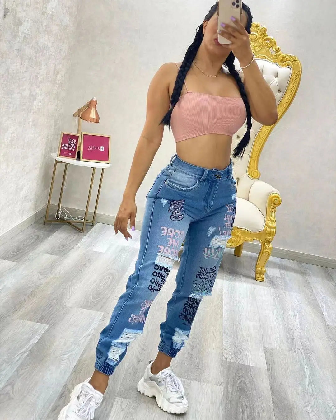 Women Denim Jeans Ankle Length Print Holes Pencil Pants Pockets Washing Slim Basics Zipper Fly Spring Flat Slight Strech Aviola